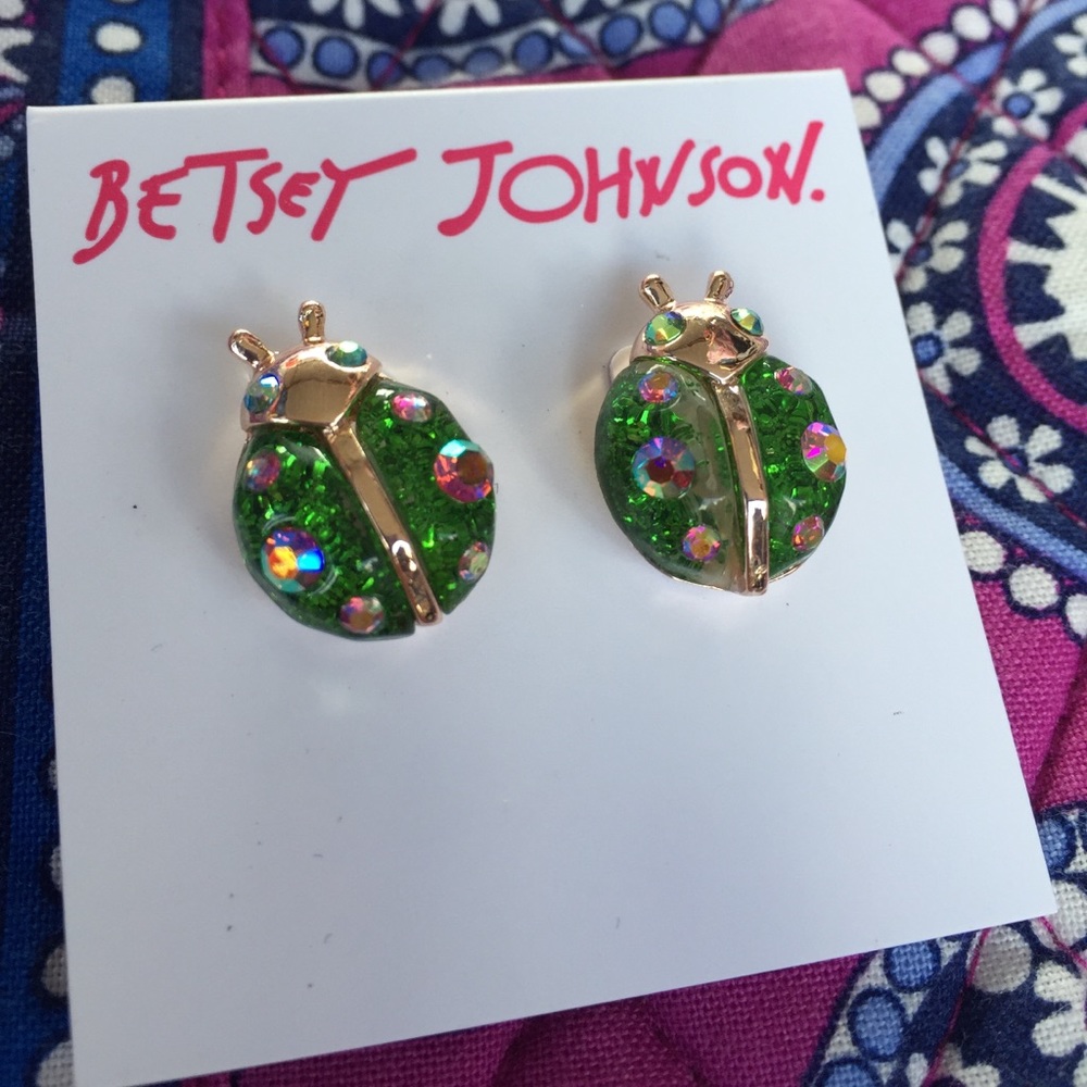 Betsey Johnson green crystal lady bug earrings